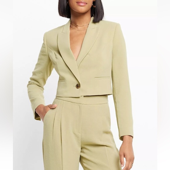 NEW EXPRESS $138 ELM PEAK LAPEL ONE BUTTON CROPPED BLAZER SMALL Business - Picture 1 of 14